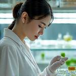 白衣を着た処方開発エキスパートが、実験器具を使いながら植物由来成分を調合する様子